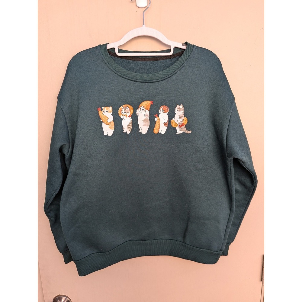 Dark Green‎ Shirmp Cat Crew Neck Sweatshirt Women's Size L